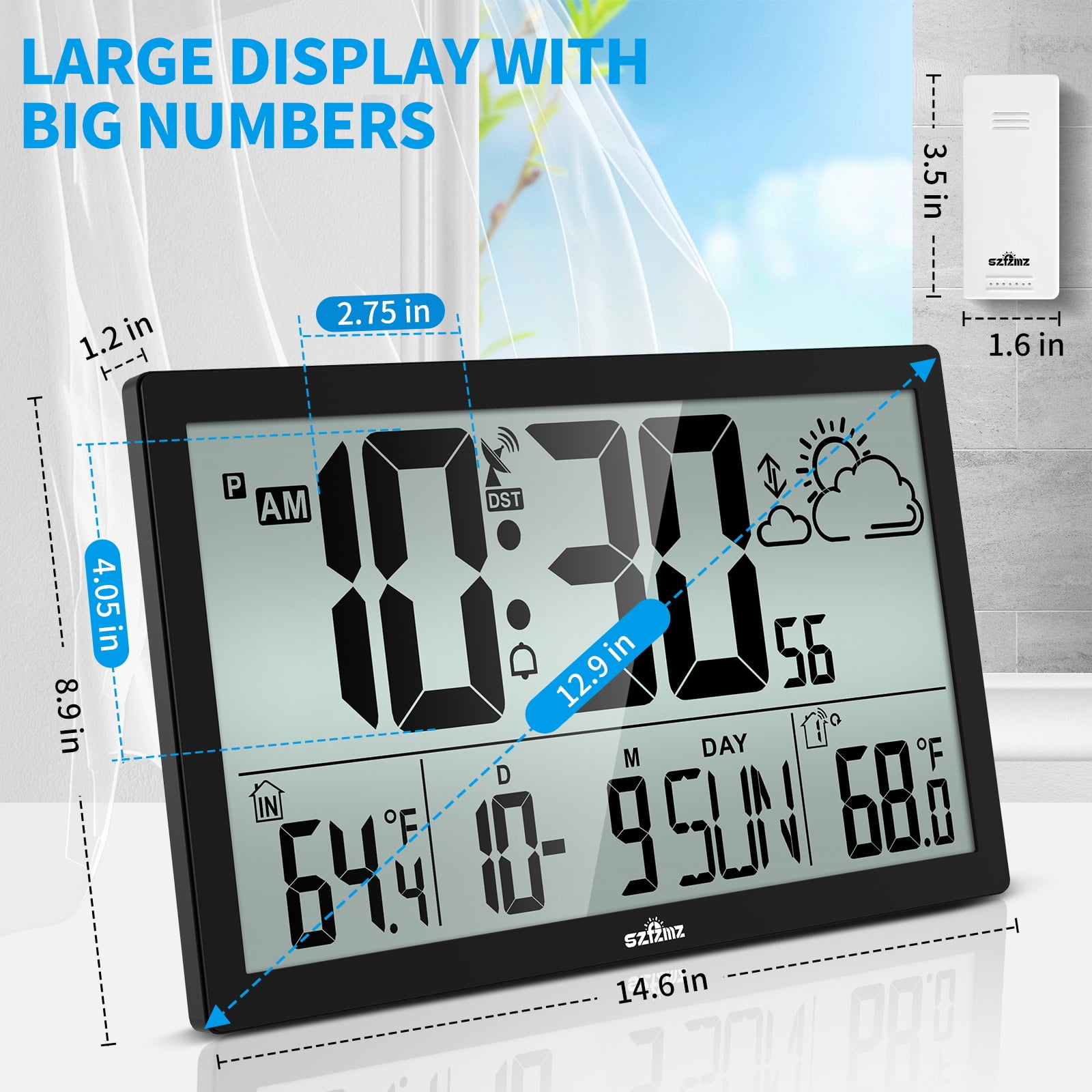Large Display Atomic Clock, Digital Wall Clock Easy Setting, Indoor Outdoor Temperature With Wireless Outdoor Sensor, Battery Powered, Easy To Read Desk Clock For Office, Kitchen, Living