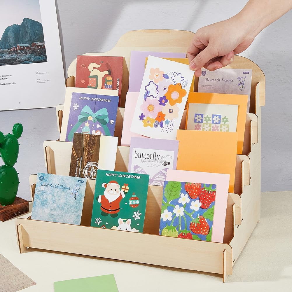 4-Tier Greeting Card Display Stand Wood Sticker Rack Portable Birthday Card Display Wooden Sticker Holder Organizer for Home Retail Counter Tabletop Stand 40.1x26.4x36cm Brown