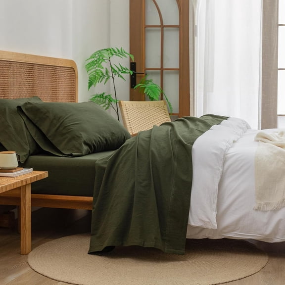 Queen Washed Cotton Sheet Set 4 Pcs Olive Green Linen-Like Texture Lightweight Soft Breathable