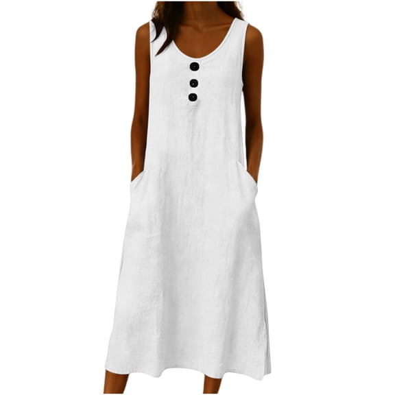 hotojiny Linen Dresses for Women Solid Color Sleeveless Casual Tshirt Sundress with Pockets Loose Tank Beach Dress S-2XL