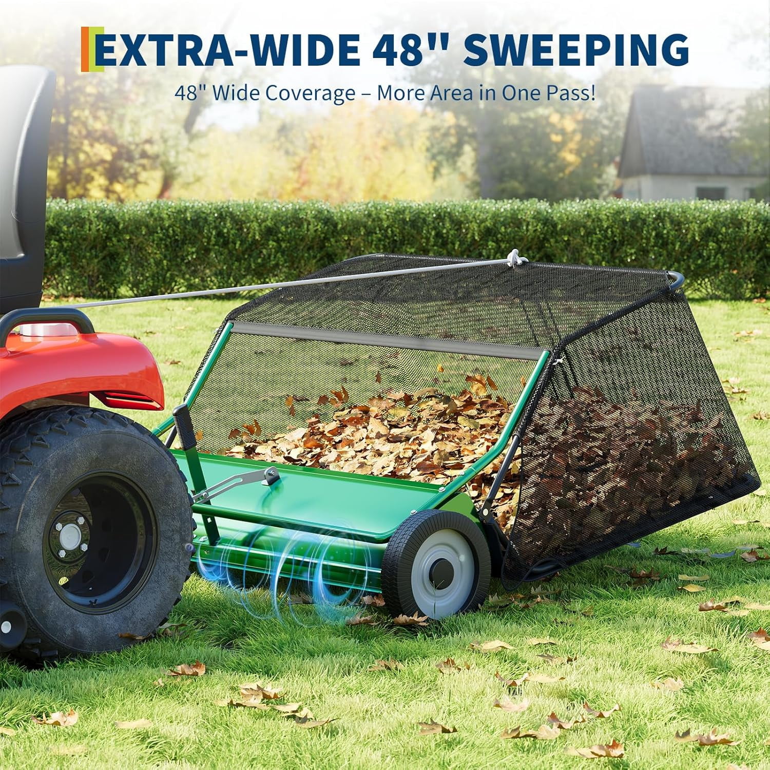 EastVita 48 in Wide Tow Behind Lawn Sweeper 25 Cu Ft Large Capacity Hopper Heavy Duty Adjustable Brush Height for Yard Lawn Farm Cleanup