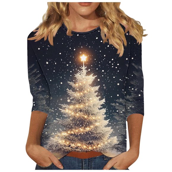 Lcziwo 3/4 Sleeve T Shirts for Women Christmas Tree Print Oversized Blouses Christmas Gifts Xmas Holiday Tees Casual Trendy Fall 2025 Tops Blue,XL