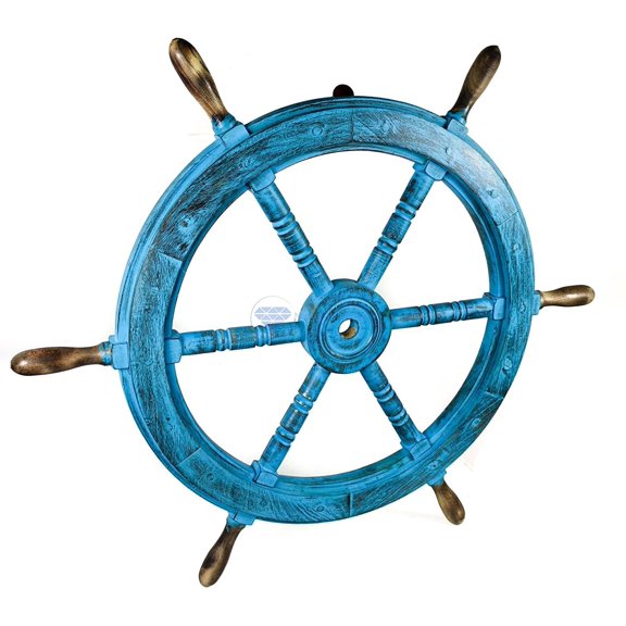 Wooden Ship Wheel - Gola Pendi - (Antique Ocean Blue) - Maroon Torched Spokes - 42 Inches