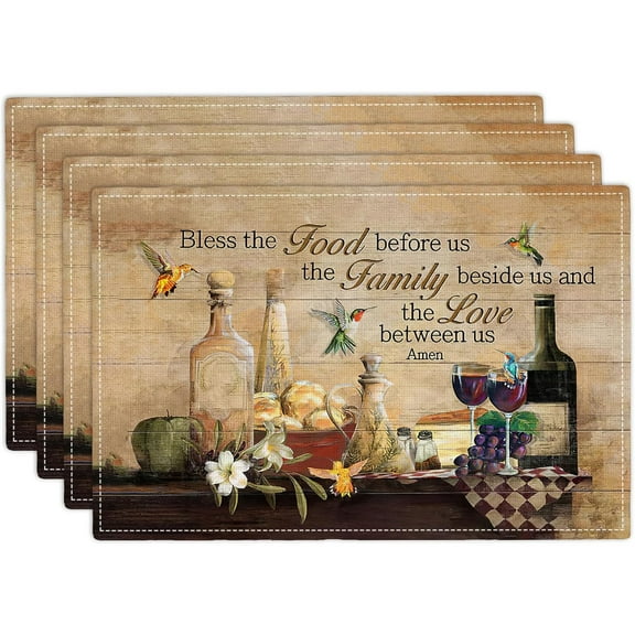 Vintage Wine Placemats Set of 4 Farmhouse Wine Glass Imitation Linen Placemat Heat Resistant Dining Blessed Christian Place Mats Hummingbird Table Mats for Kitchen Indoor Restaurant 12''x18''