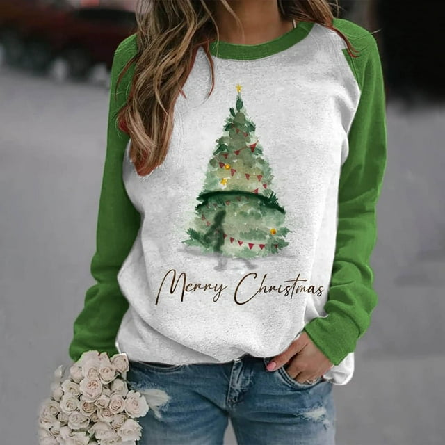 EGNMCR Chandail en Molleton de Noël Mode Décontractée Imprimé Col Rond Manches Longues Ample Blouse Chandails en Molleton Sans Capuche
