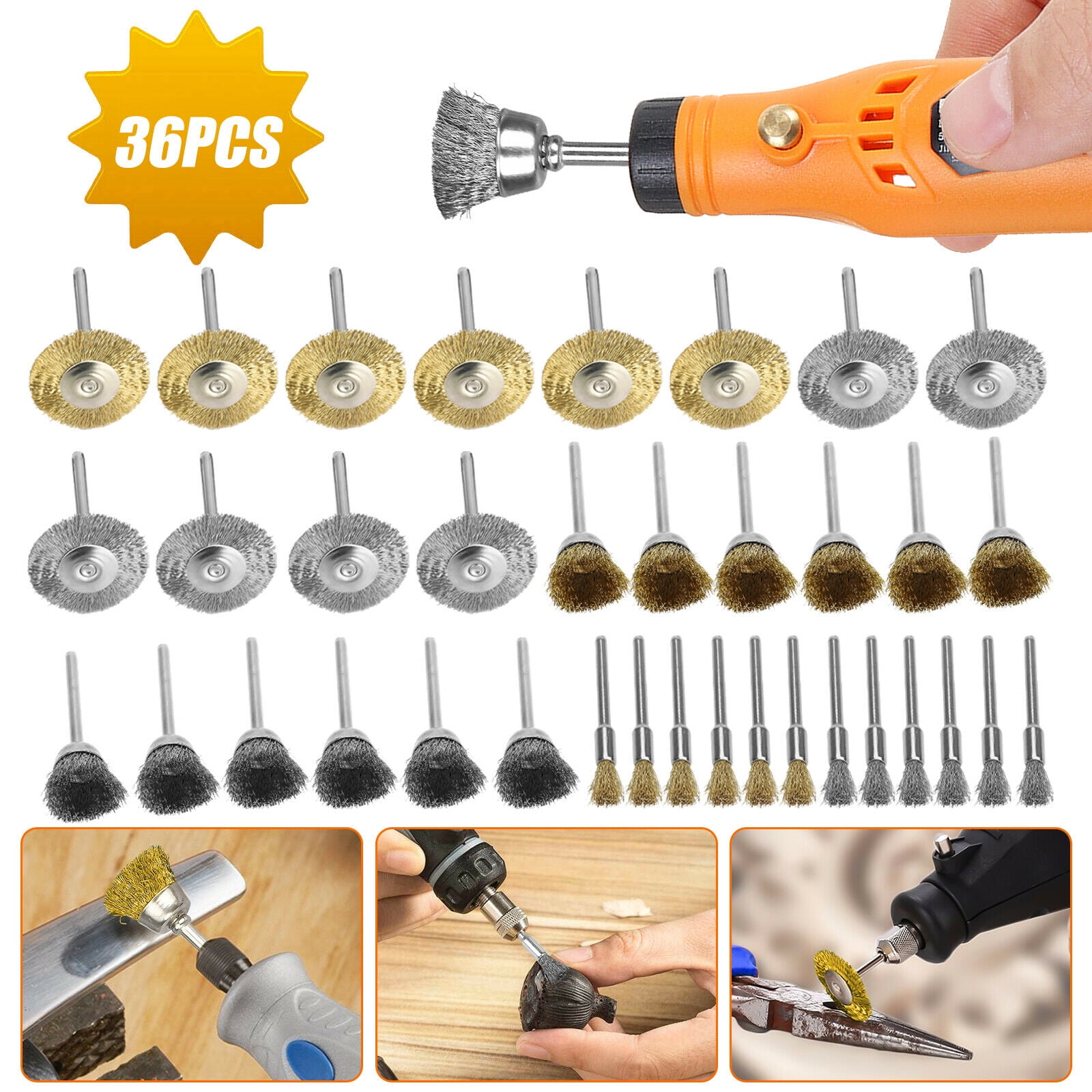 36x Steel Brass Wire Wheel Bowl Pen Polishing Wheel Cup Pen Brush Drill