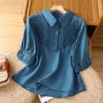 thumbnail image 2 of Tops de Manga de Cuarto para las Mujeres Bordados Botón de Algodón Cuello de Vuelta Cinco Cuartos de Manga de Moda, 2 of 9