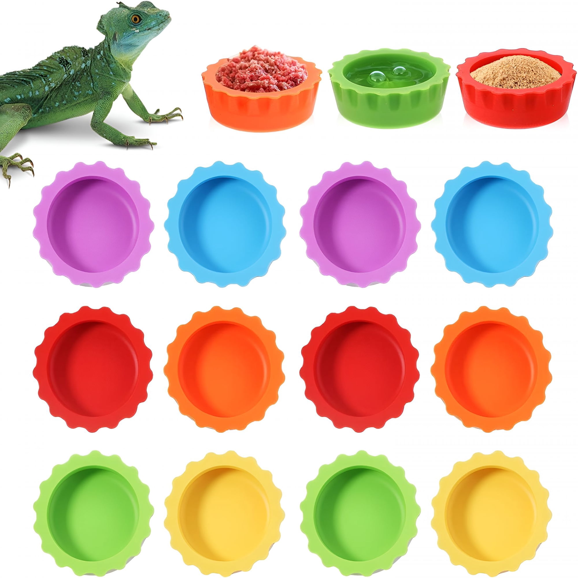 ACDANC 12 Pack Small Silicone Reptile Feeding Cups, BPA-Free Crested Gecko Food Dish and Water Bowl, Easy Clean Tank Accessories for Hermit Crabs, Tarantulas, Lizards (6 Colors)