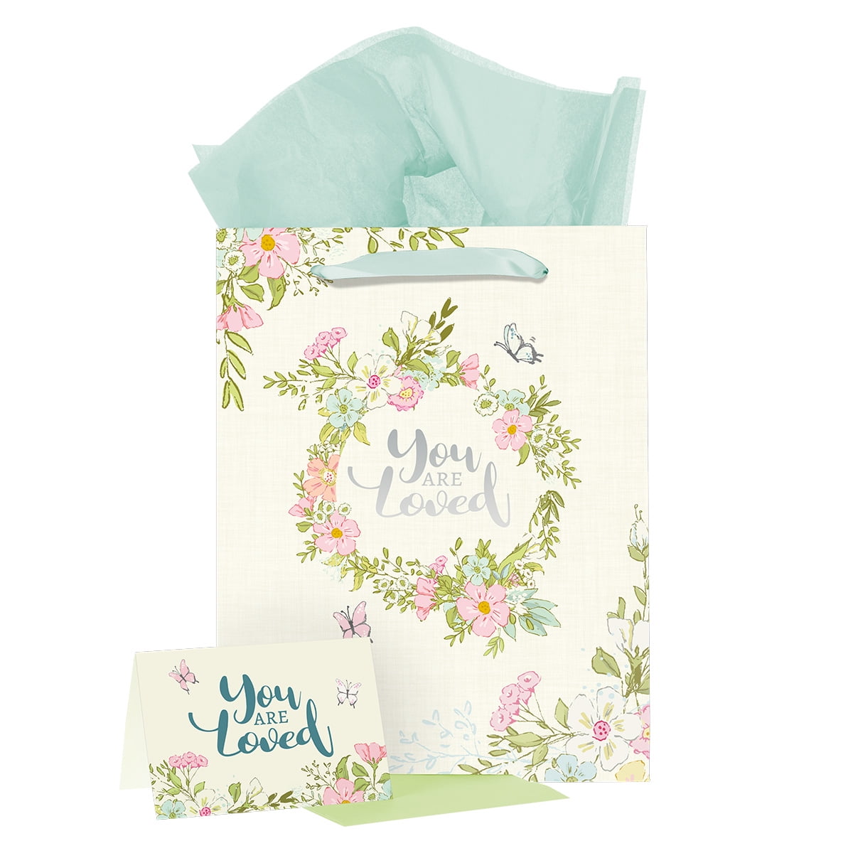 Floral Wreath Women's Gift Bag w/Card & Blue Tissue Paper: You Are Loved, Large