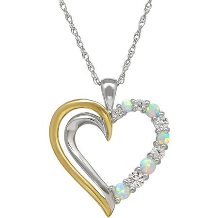 Diamond Open Heart Pendant - Created Opal with White Topaz Sterling Silver and 10kt Yellow Gold Open Heart Pendant, 18