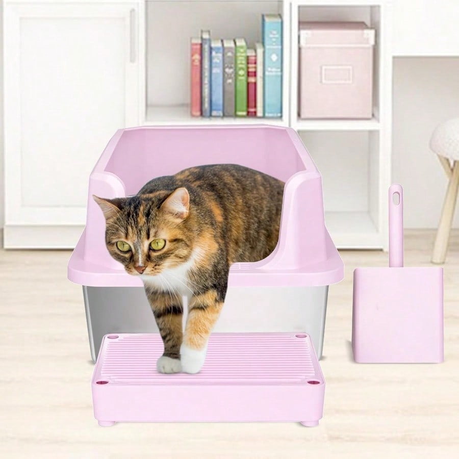 Stainless Steel Cat Litter Box SemiEnclosed Litter Box With Top Holes Large Litter Pan For Small To Large Sized Cats Light Pink 23.8 L16 W12 H