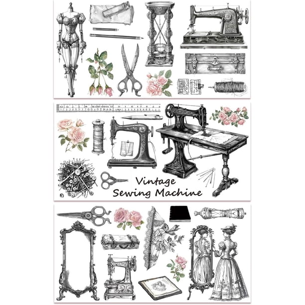 3 piezas de calcomanías vintage con máquinas de coser y flores para muebles y manualidades (6 x 12 pulgadas)