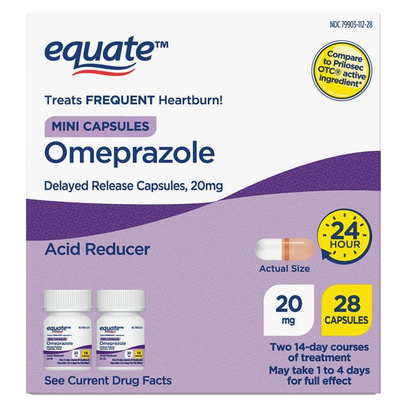 Equate Omeprazole Delayed Release Mini Capsules 20 mg, Frequent Heartburn Medicine, 28 Count, Compare to Prilosec OTC Active Ingredient