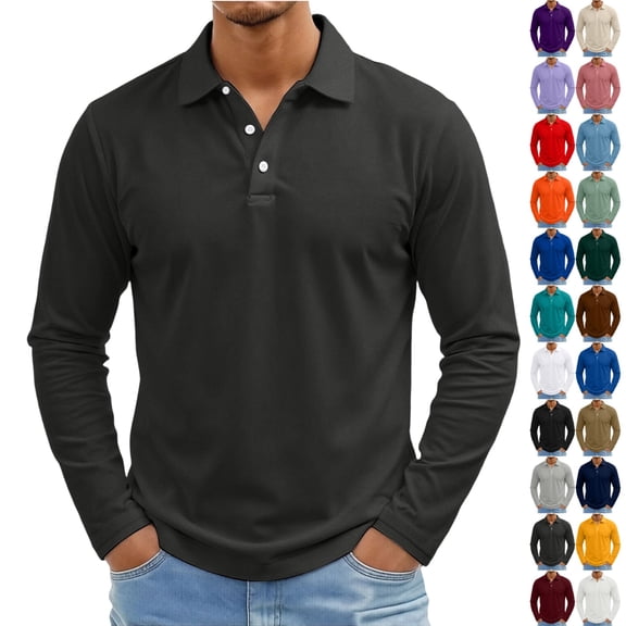 UDAUDU Men's Long Sleeve Polo Shirt Lightweight 3-Button Golf Shirts with Fall Cool Outdoor Fishing Athletic Workout Tops Dark Gray M