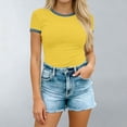 thumbnail image 5 of Kinrui Short Sleeve Fitted T-Shirts for Women Denim Patchwork Trim Casual Summer Tops Yellow S, 5 of 6