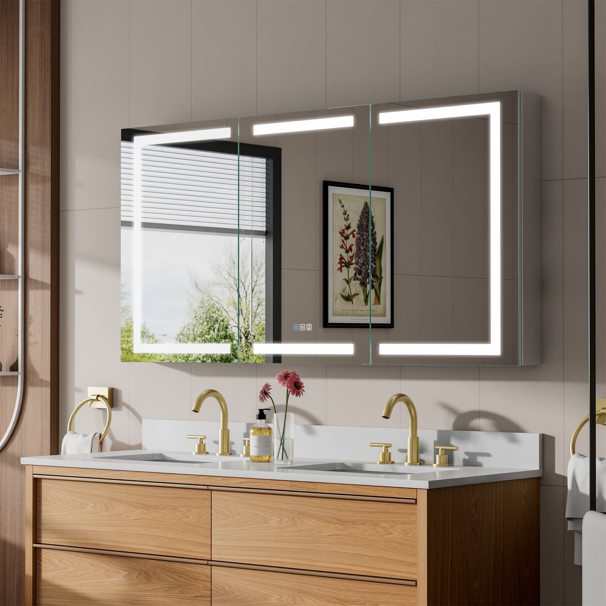 ANGELES HOME 60"x30"LED Medicine Cabinet with Lights, Medicine Cabinet with HD Mirror, Surface or Recessed, Anti-Fog, Dimmable, Memory Function, Outlets & USB, Three Opening Doors