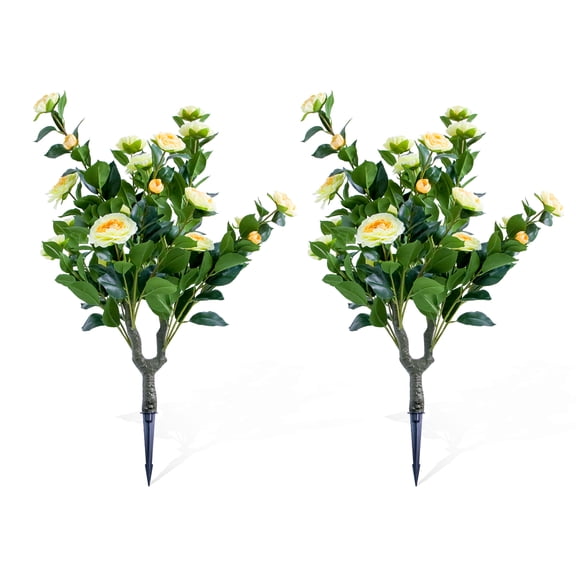 35.4" 2  PackArtificial Topiary Flower with Ground Spike,Artificial Topiary Trees with Camellia Flowers, PE Fake Plants with Metal Stakes for Indoor and Outdoor Decor,2 Pack,Yellow