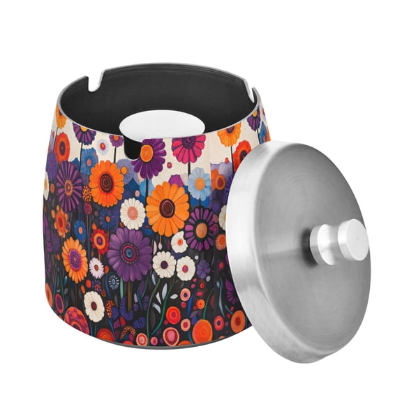Yayeee Ashtray with Lid for Cigarette Smokeless Stainless Steel Home Ash Holder, Purple Flowers