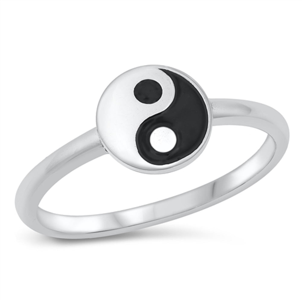 All in Stock Sterling Silver Black and White Yin Yang Ring Size 7
