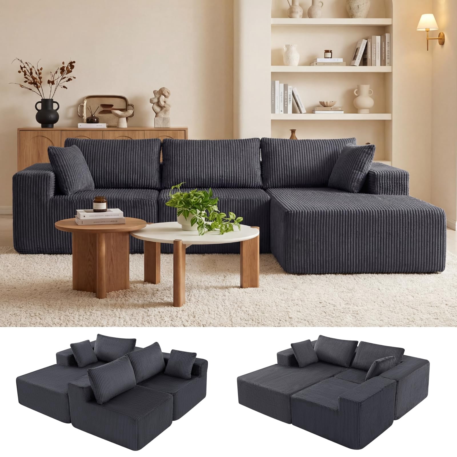 Aukfa 107" Modular Sectional Sofa, Corduroy Upholstered Deep Seat Couch with Right Chaise, Convertible Sleeper, Dark Gray