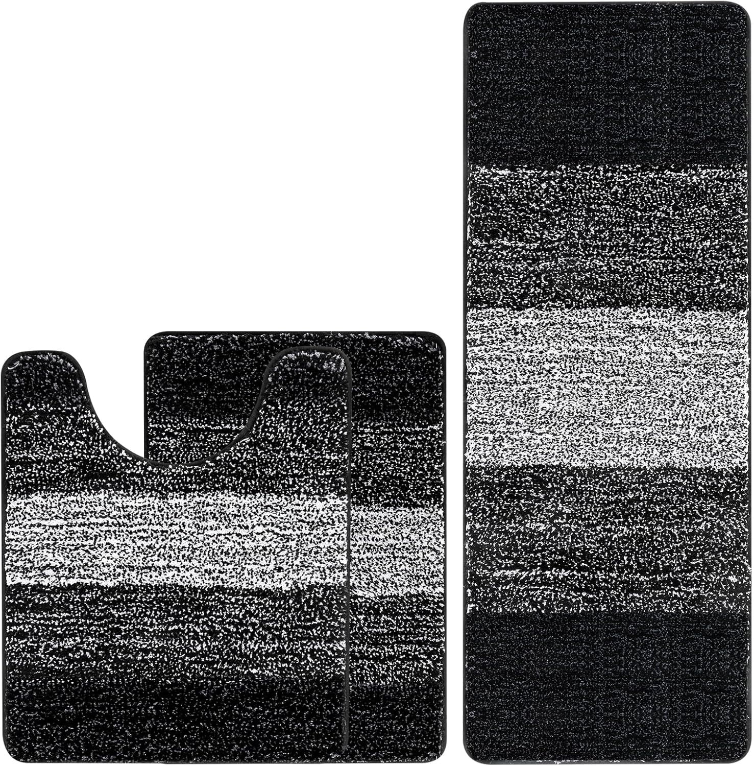 Bathroom Rugs, Yamaziot Bath Mat Set of 3, Absorbent Microfiber Bath Rug, Non-Slip Shaggy Ultra Soft Bathroom Mat with U Shaped Contour Toilet Mat for Tub Front, Shower Floor, Black