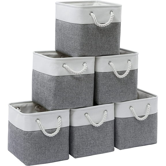 11 x 11 Inch Cube Storage Bins, 6 Pack Large Collapsible Fabric Storage Bin with Ropes, Foldable Storage Cubes for Home, Office,Closet, Clothes, Toys Organizer (White & Grey-11"x11"x11")