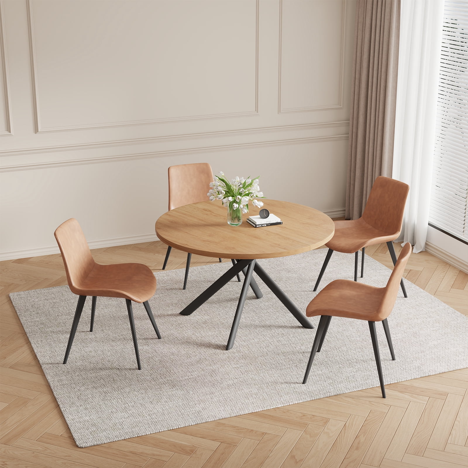jiexi 45.3" Round Dining Table Set, Mid Century Modern Round Dining Table for 4 Person, with Steel Legs, Coffee Table for Kitchen Dining Room, Office, Save Space