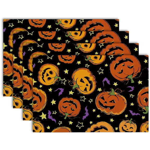 Hand-Drawn Star Pumpkin Placemats Set of 4 Fabric Dining Table Place Mats Rustic Halloween Home Decor