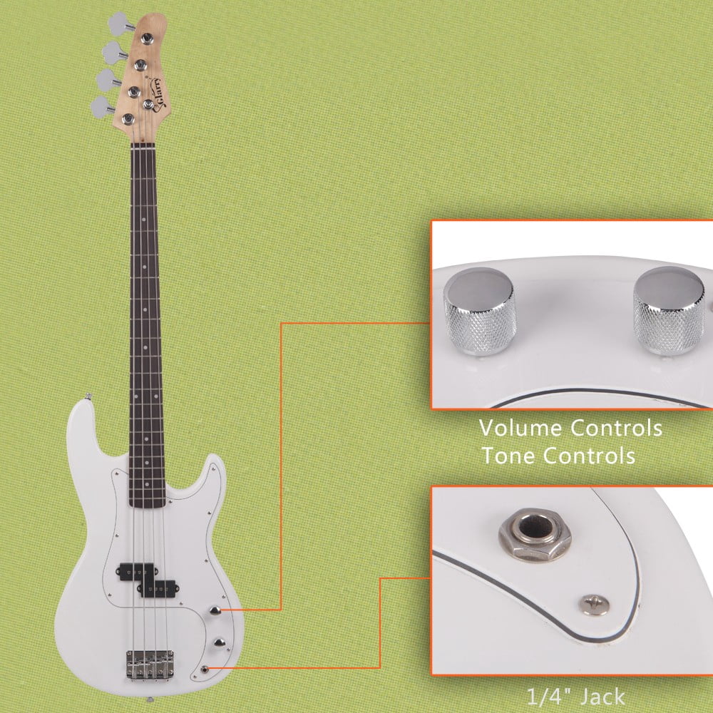 4 String Electric Bass Guitar, Split Single-Coil Pickup, Right Handed Design, with Gig Bag, Strap, Spanner Tool for Youths & Adults (White)