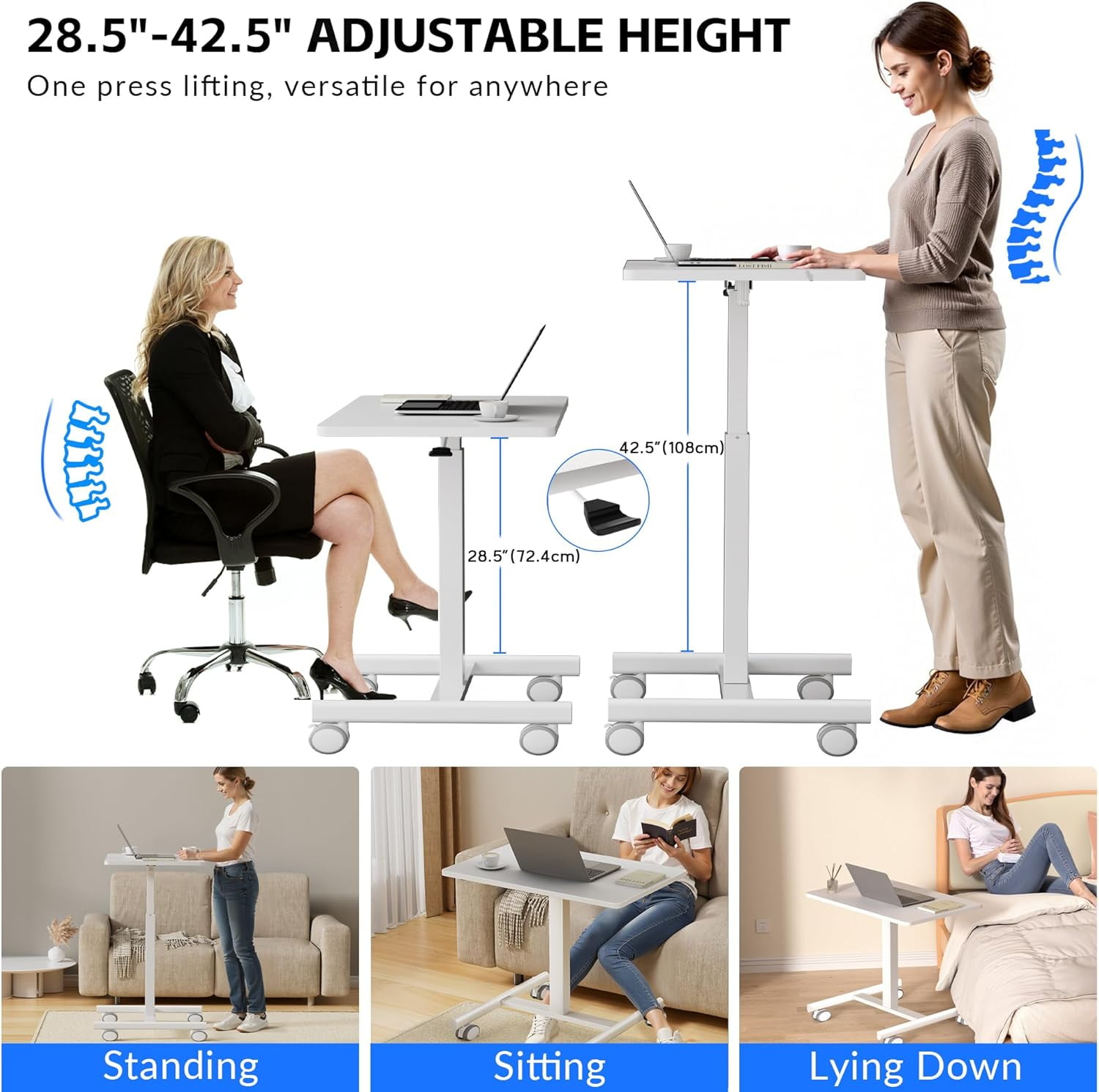 JessieMal Mobile Laptop Standing Desk Adjustable Height, Small Mobile Desk Workstation with Wheels, Portable Rolling Computer Desk Cart for Home Office Classroom (White)
