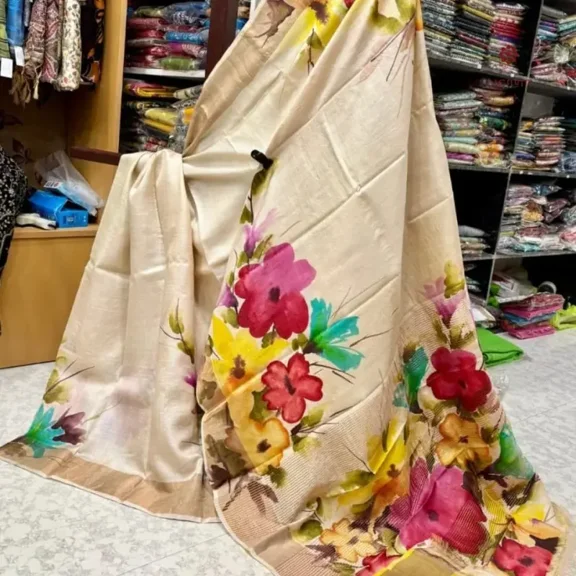 Off-White Hand Painted Pure Gachi Tussar Silk Saree