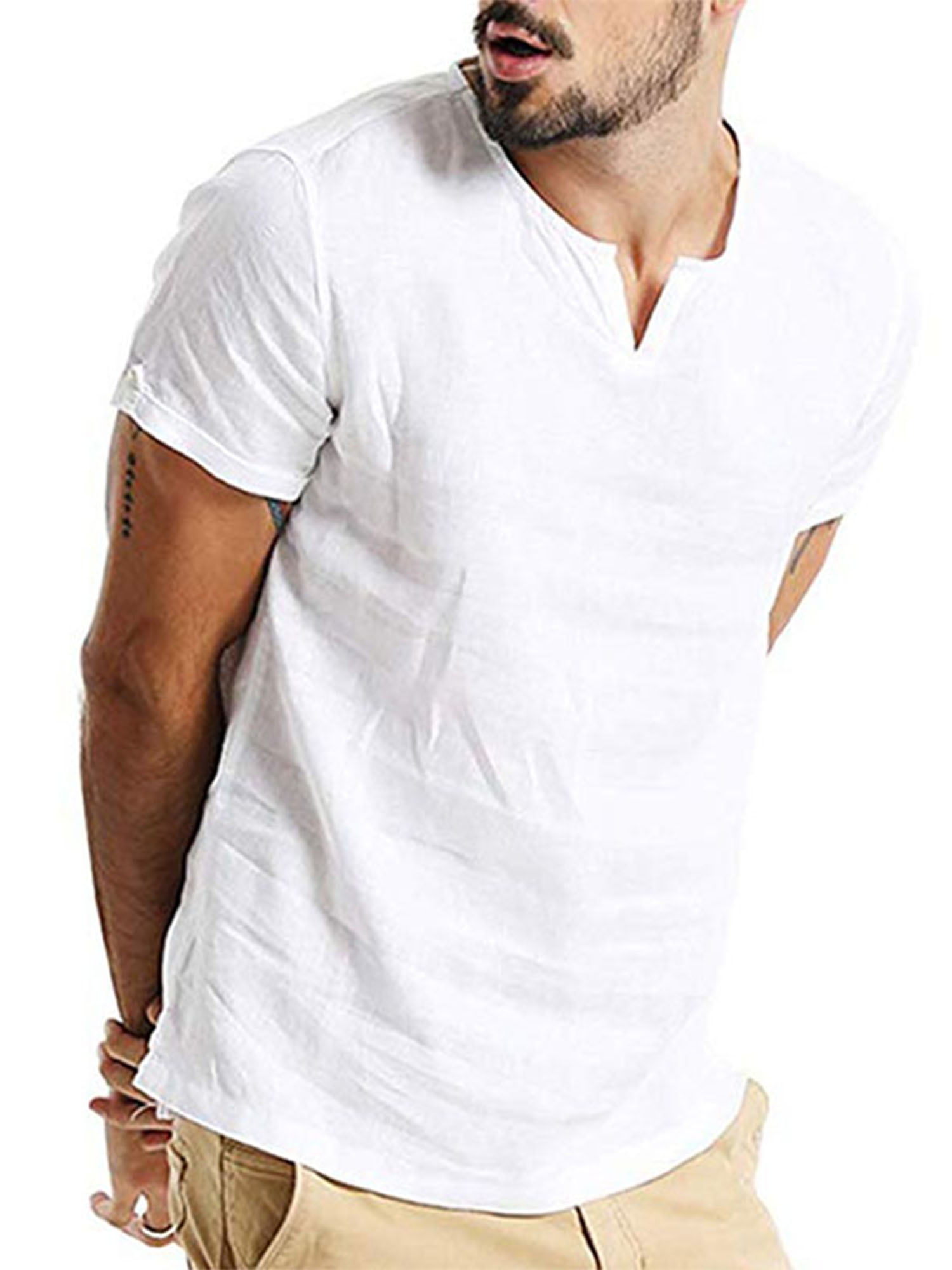 Alimao Lightweight Tees Collar Plain Blouses Cotton Linen Blouse Loose Tunics Tops Shirt,Mens Summer T-Shirt Hippie Shirt 