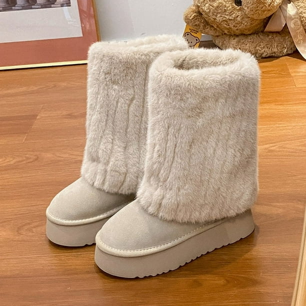 Botas de nieve de Islandia con costuras de piel de visón sintética y forro polar, botines de cuero cálidos, botas de algodón con suela gruesa para invierno