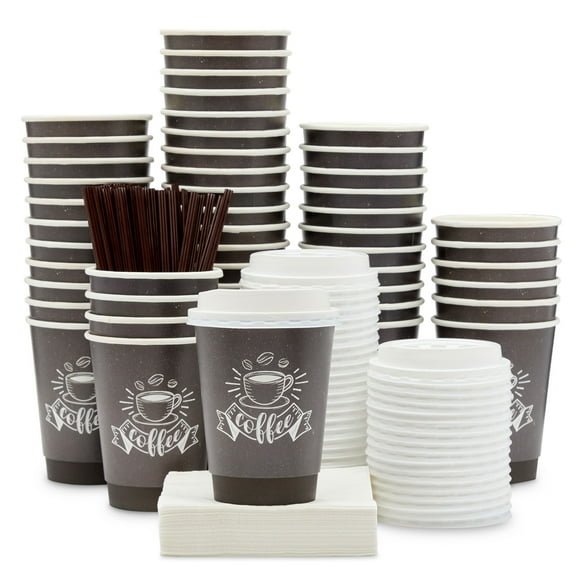 50 Pack 12 oz Paper Coffee Cups with Lids for Coffee, Hot Drinks, Insulated Double Wall Cups with Stirring Straws, Napkins (Black)