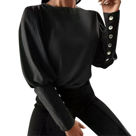 

ketyyh-chn99 Long Sleeve Shirts For Women Womens Apparel Women’s Loose Top Blouse Casual Light Button Cage Sleeve Solid Color Round Skyline Cotton Sleep Shirt