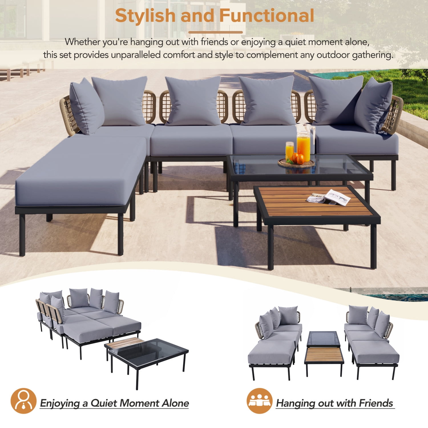 Harper & Bright Designs Outdoor Metal Conversation Furniture Set, 8 Pieces Patio L Shaped Sectional Sofa Set with Glass Coffee Table and Wooden Coffee Table for Garden Backyard, Light Gray