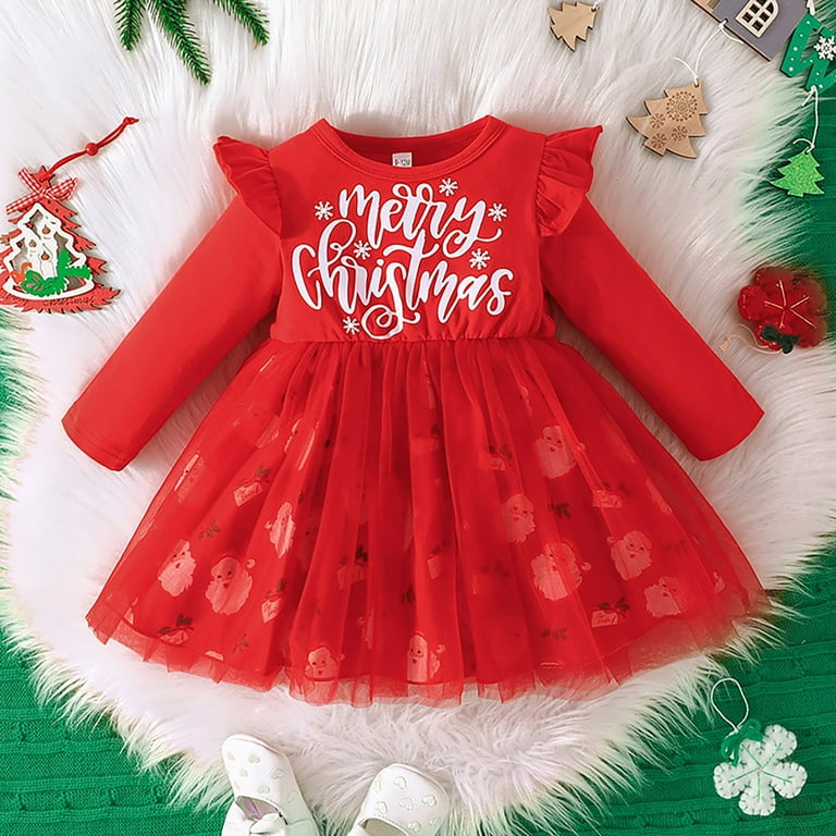 Mercatoo Toddler Baby Girls Christmas Dress Red uffle Long Sleeve Letter Print Tulle Mesh Dress Fall Winter Prty Xmas Outfit