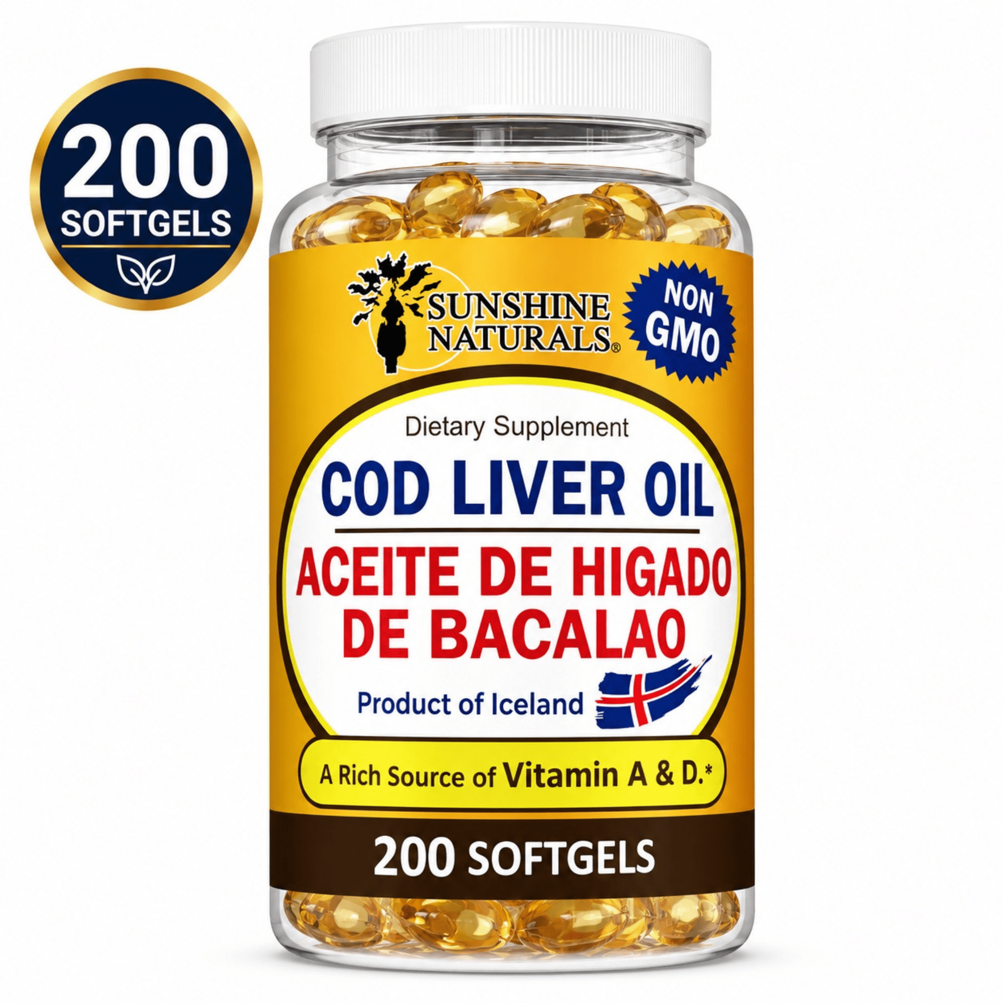Sunshine Naturals Cod Liver Oil Dietary Supplement, Omega-3 with Vitamins A & D, Immune System, Heart & Bone Health Support, 200 Softgels
