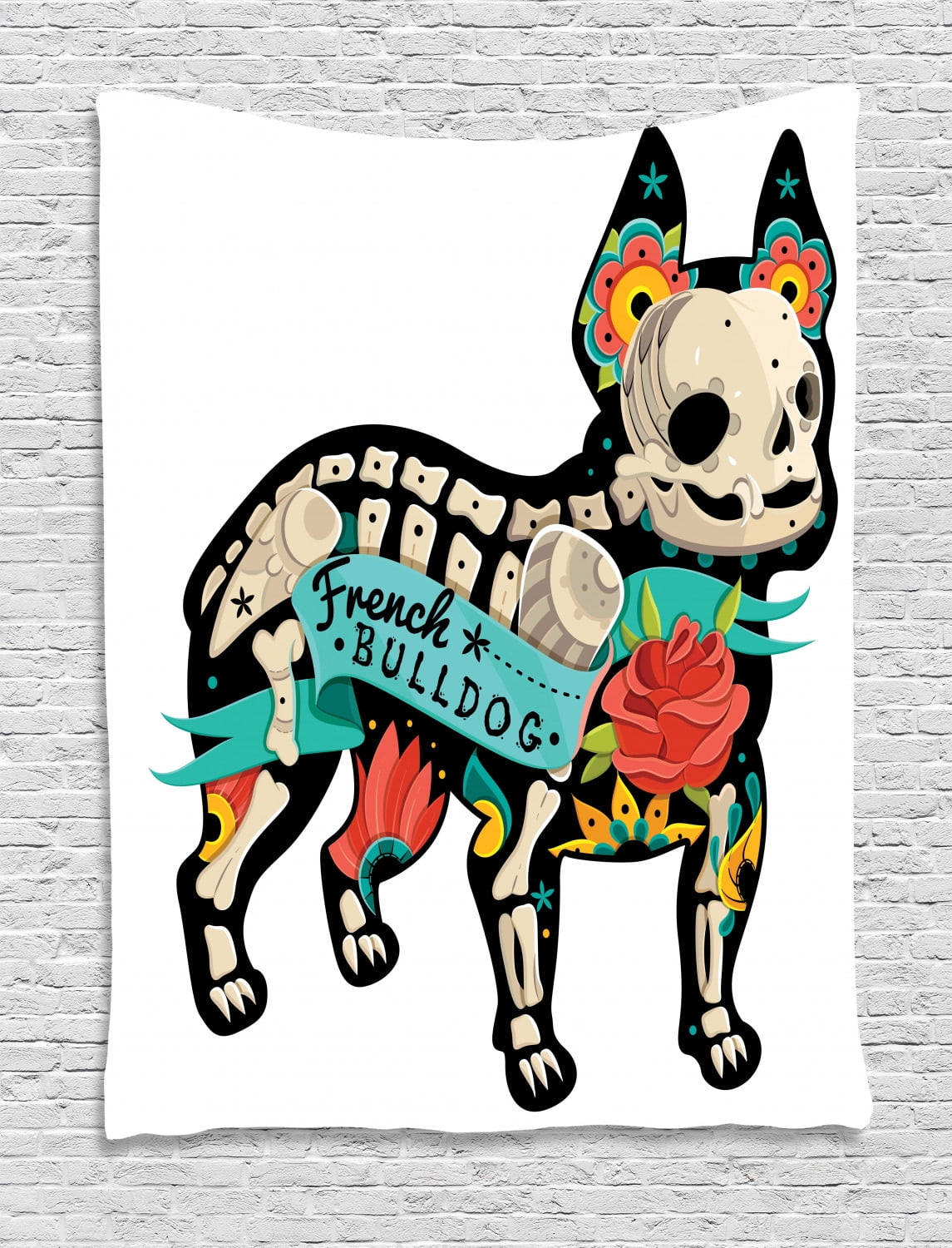Bulldog Tapestry Gothic Artwork Puppy Silhouette With Skeleton And Colorful Flowers French Bulldog Wall Hanging For Bedroom Living Room Dorm Decor 60w X 80l Inches Multicolor By Ambesonne Walmart Com Walmart Com