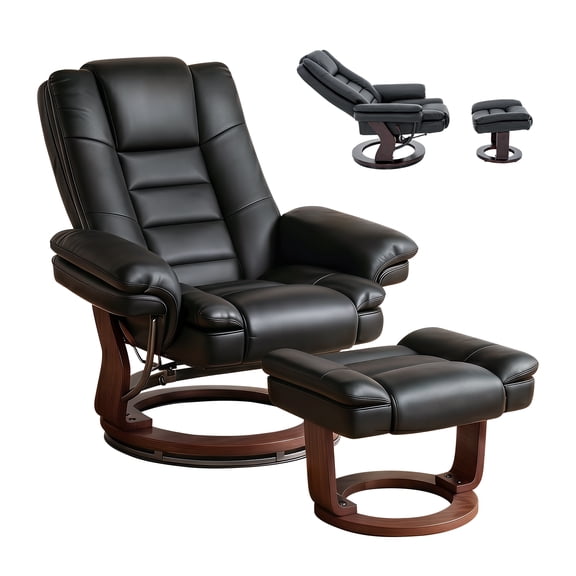 360° Swivel Recliner Chair with Ottoman, PU Leather Ergonomic Lounge Chair, Adjustable High Back Reclining Chair with Wood Base for Living Room Bedroom Office