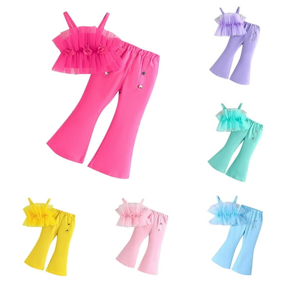 Agkizg 2PC Mesh Strap Sleeveless Top Flared Long Pants Set Fashion Summer Outfits (Toddler Girl's or Girl's),2-Piece Set,Sizes 1-8 Years