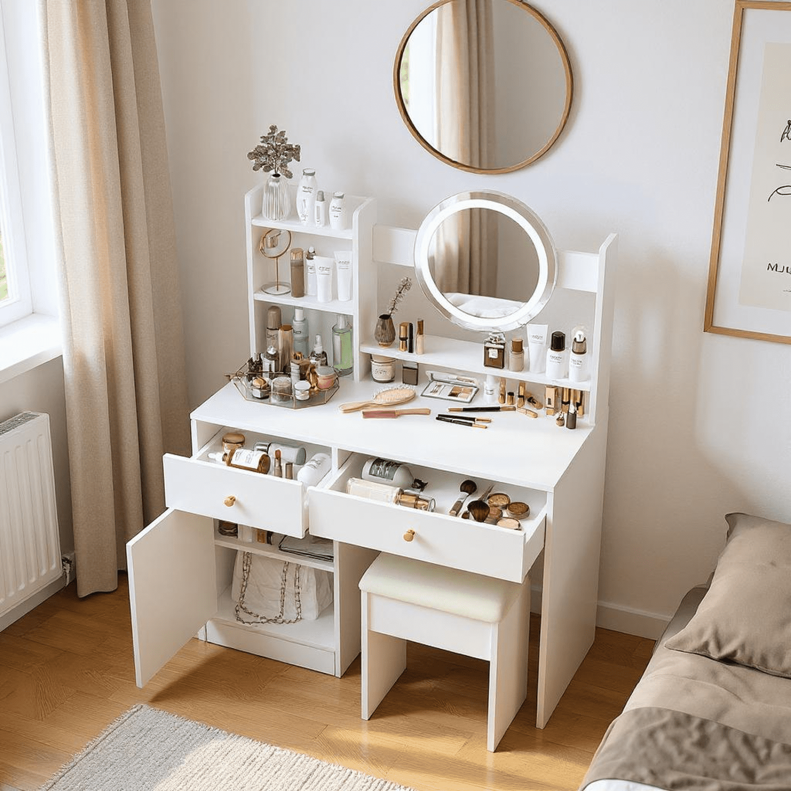 Homy Casa Modern White Vanity Desk with LED Mirror, Makeup Vanity Table with Drawers and Stool for Bedroom