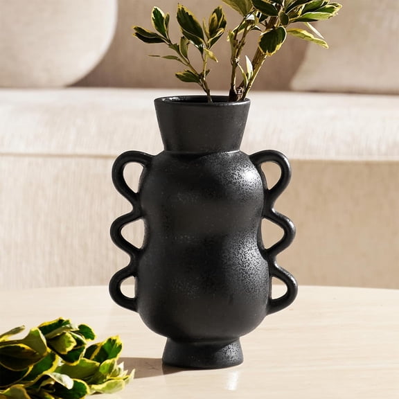 Jeskie Black Ceramic Vase Home Decor with Wave Handles, 10'' Tall Rustic Farmhouse Flower Vase for Table Centerpiece, Bookshelf, Living Room, Office, Modern Nordic Minimalist Decorative Vases