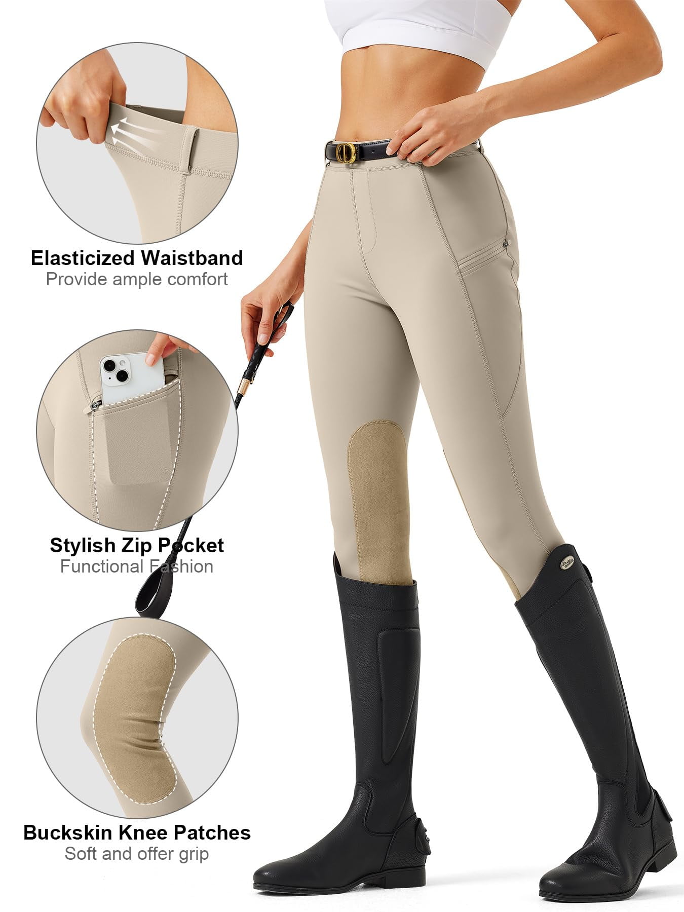 Women's Horse Riding Pants with Zipper Pockets Knee-Patch Schooling Tights Equestrian Breeches for Women khaki L