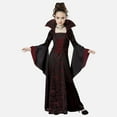 thumbnail image 3 of TANGQIOP Halloween Girls'S Clothes Witch Costume Medieval Vintage Tie-Up Stand Collar Flared Sleeve Printed Long Dress Wine 150, 3 of 9