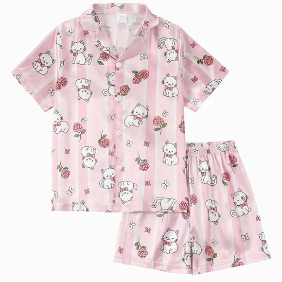 Curenmufel Girl Pajamas Big Girl's Pajama Sets Printed Short Sleeve Button Tops Shorts Sleepwear PJ's Size 9-10 (Pink,9-10 Years)