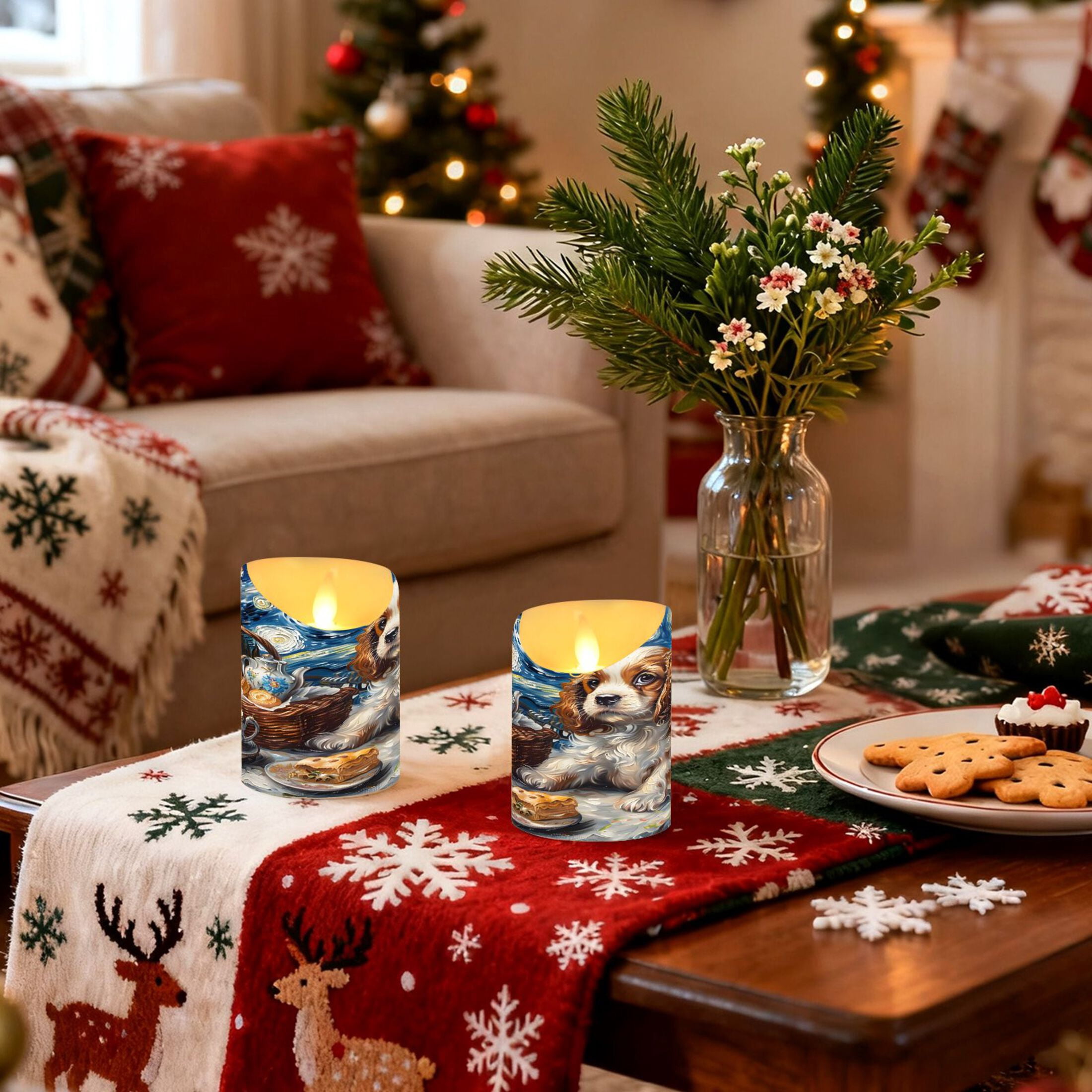 Cavalier King Charles Dog Flameless Candles 2 PCS with Remote Realistic Moving Flame LED Tapered Pillar Set for Home Decor
