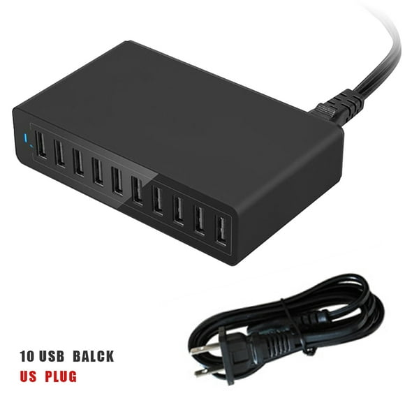 10-port USB Charger Mobile Phone Tablet MP3 MP4 USB Power Adapter Desktop Charging Station, Black, US Plug Workhe