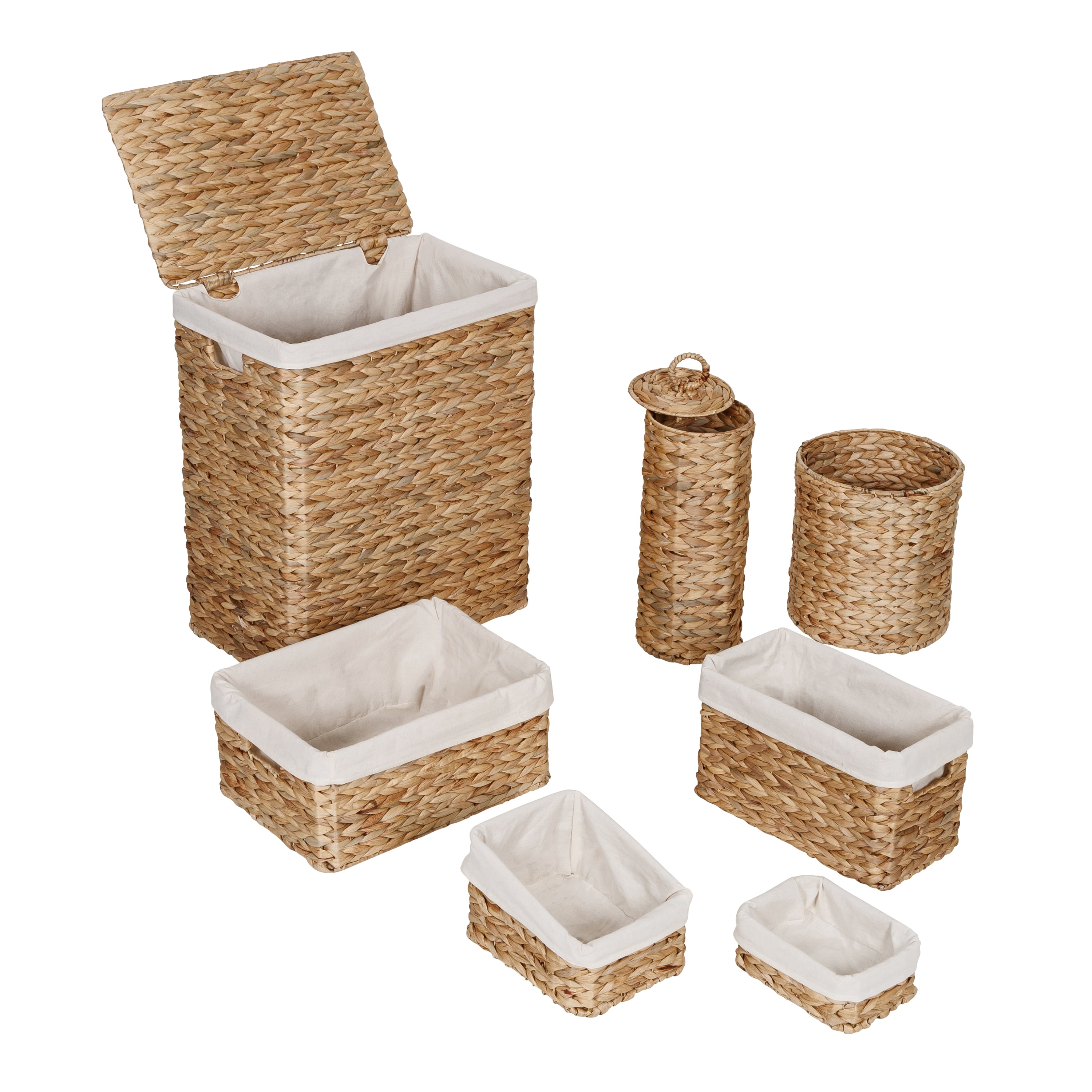 Honey-Can-Do Water Hyacinth Wicker Laundry Hamper and Bath Storage Basket Set of 7, Natural/White
