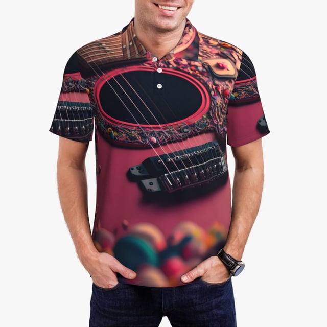 Balery Romantic Heart Guitar Camisa Polo de Hombre con Estampado, de Manga Corta y Tejido Medio, Camisa Tipo Golf Polo-XX-Large